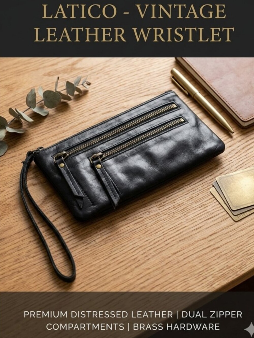 Latico Black Full Grain Leather Double Zip Wristlet Clutch Wallet